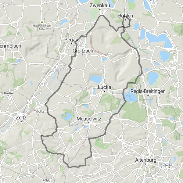 Map miniature of "Böhlen Round-Trip" cycling inspiration in Leipzig, Germany. Generated by Tarmacs.app cycling route planner