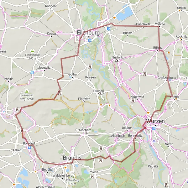 Map miniature of "Borsdorf Gravel Loop" cycling inspiration in Leipzig, Germany. Generated by Tarmacs.app cycling route planner