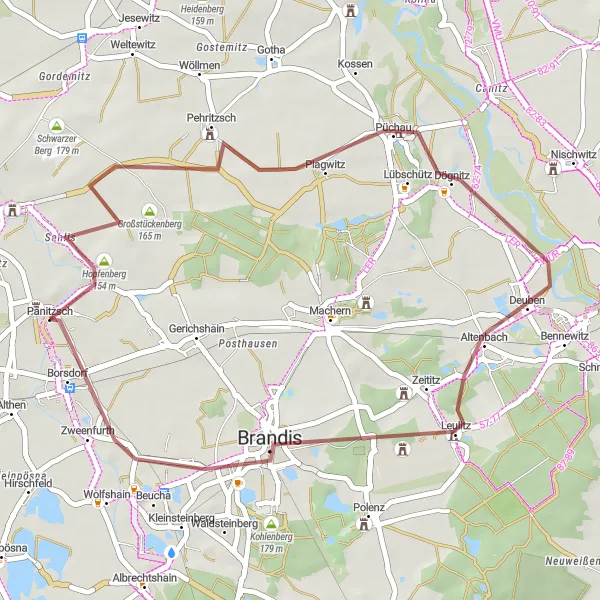 Karten-Miniaturansicht der Radinspiration "Borsdorf - Eckardtsberg - Püchau - Eichberg - Brandis - Borsdorf" in Leipzig, Germany. Erstellt vom Tarmacs.app-Routenplaner für Radtouren