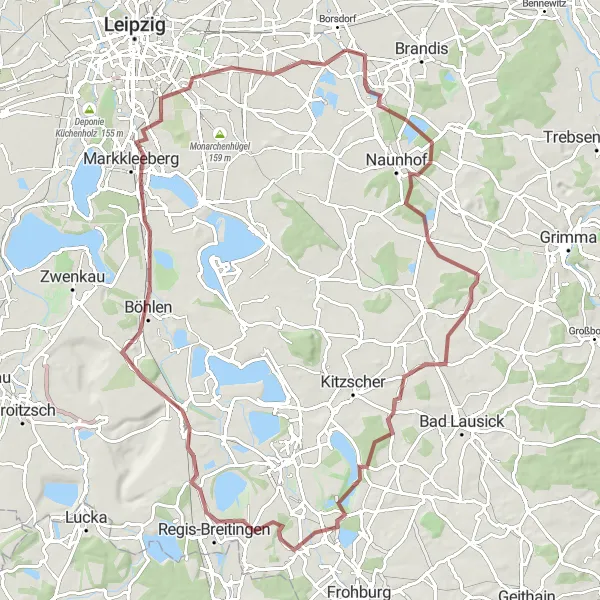 Karten-Miniaturansicht der Radinspiration "Abenteuerliche Kiesroute in der Nähe von Borsdorf" in Leipzig, Germany. Erstellt vom Tarmacs.app-Routenplaner für Radtouren