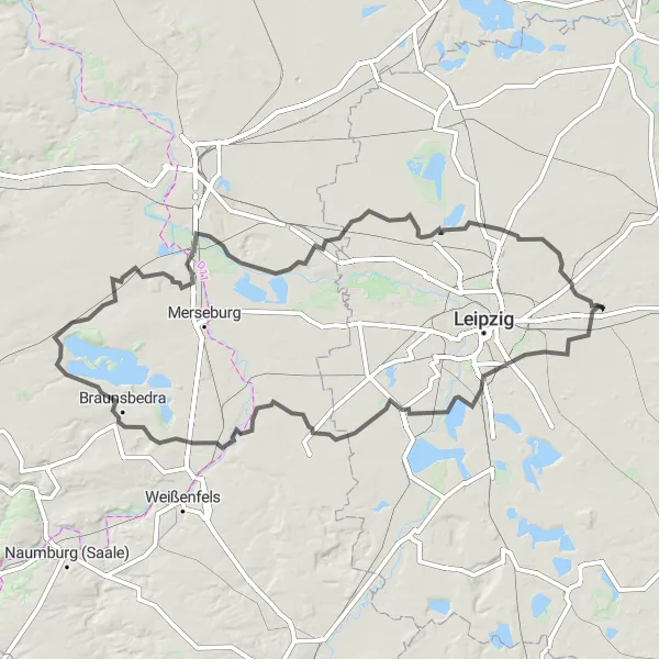 Karten-Miniaturansicht der Radinspiration "Borsdorf - Connewitz - Lützen - Schkortleben - Braunsbedra - Schönste Weinsicht 2020 Saale Unstrut - Klobikau - Schkopau - Aussichtsturm Raßnitzer See - Großkugel - Goben - Rackwitz - Seegeritz - Weinberg" in Leipzig, Germany. Erstellt vom Tarmacs.app-Routenplaner für Radtouren