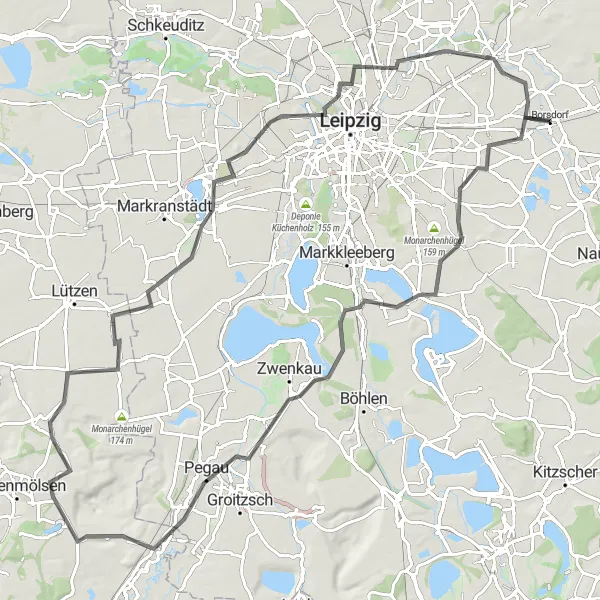 Karten-Miniaturansicht der Radinspiration "Einzigartige Fahrradroute um Borsdorf" in Leipzig, Germany. Erstellt vom Tarmacs.app-Routenplaner für Radtouren