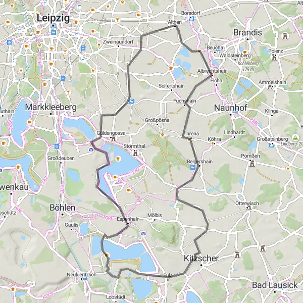 Karten-Miniaturansicht der Radinspiration "Borsdorf - Fuchshain - Kitzscher - Espenhain - Galgenberg - Liebertwolkwitz - Baalsdorf" in Leipzig, Germany. Erstellt vom Tarmacs.app-Routenplaner für Radtouren