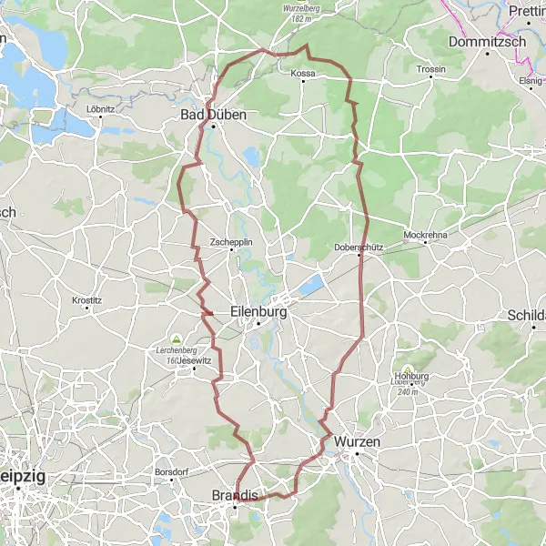 Karten-Miniaturansicht der Radinspiration "Gravel-Tour von Brandis nach Machern, Fuchsberge und Deuben" in Leipzig, Germany. Erstellt vom Tarmacs.app-Routenplaner für Radtouren