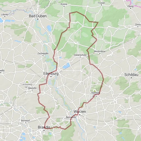 Karten-Miniaturansicht der Radinspiration "Hügelige Graveltour durch die Muldeaue" in Leipzig, Germany. Erstellt vom Tarmacs.app-Routenplaner für Radtouren