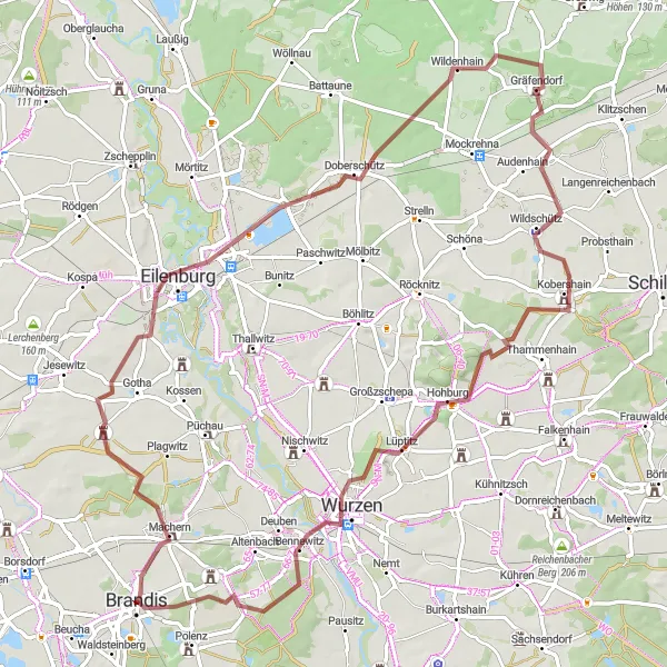 Karten-Miniaturansicht der Radinspiration "Gravel-Abenteuer um Brandis - Natur pur erleben" in Leipzig, Germany. Erstellt vom Tarmacs.app-Routenplaner für Radtouren