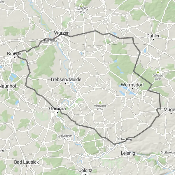 Karten-Miniaturansicht der Radinspiration "Road-Tour von Brandis nach Eichberg, Radegast und Haselberg" in Leipzig, Germany. Erstellt vom Tarmacs.app-Routenplaner für Radtouren
