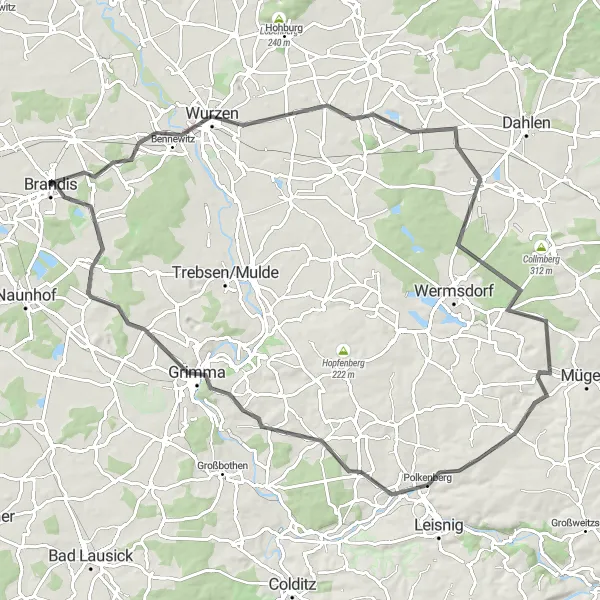 Map miniature of "Road Tour Wurzen" cycling inspiration in Leipzig, Germany. Generated by Tarmacs.app cycling route planner