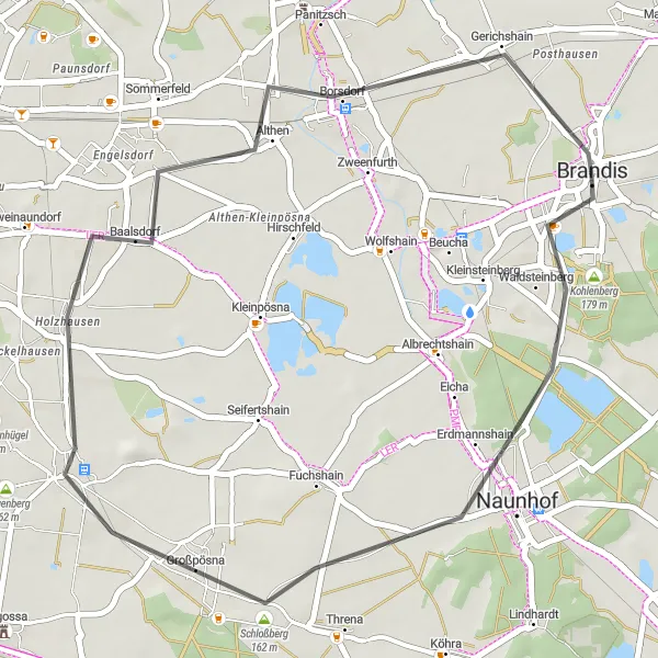 Map miniature of "Brandis Road Loop" cycling inspiration in Leipzig, Germany. Generated by Tarmacs.app cycling route planner