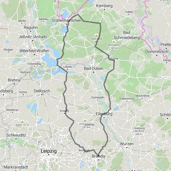 Karten-Miniaturansicht der Radinspiration "Road-Rundfahrt von Brandis nach Borsdorf, Gräfenhainichen und Eilenburg" in Leipzig, Germany. Erstellt vom Tarmacs.app-Routenplaner für Radtouren