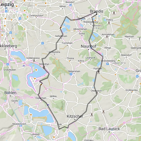 Karten-Miniaturansicht der Radinspiration "Leipziger Seenland Rundtour" in Leipzig, Germany. Erstellt vom Tarmacs.app-Routenplaner für Radtouren