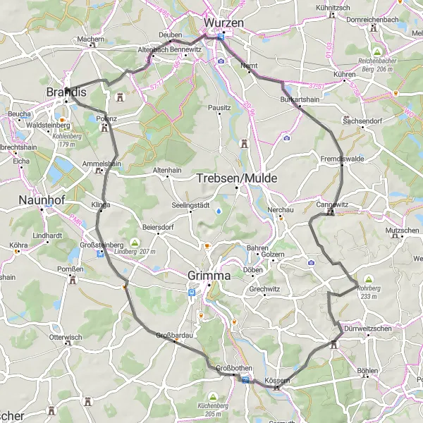 Karten-Miniaturansicht der Radinspiration "Brandis und Umgebung mit dem Rennrad erkunden" in Leipzig, Germany. Erstellt vom Tarmacs.app-Routenplaner für Radtouren