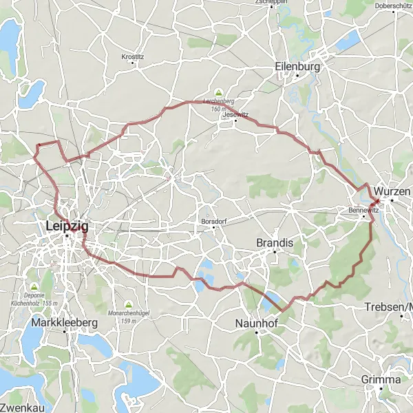 Karten-Miniaturansicht der Radinspiration "Gravel-Tour um Leipzig" in Leipzig, Germany. Erstellt vom Tarmacs.app-Routenplaner für Radtouren