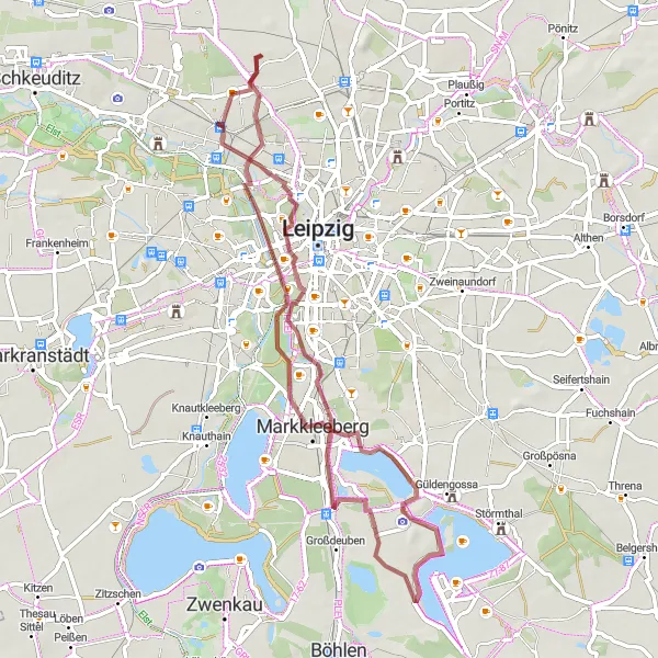 Map miniature of "Lakeside Gravel Adventure" cycling inspiration in Leipzig, Germany. Generated by Tarmacs.app cycling route planner