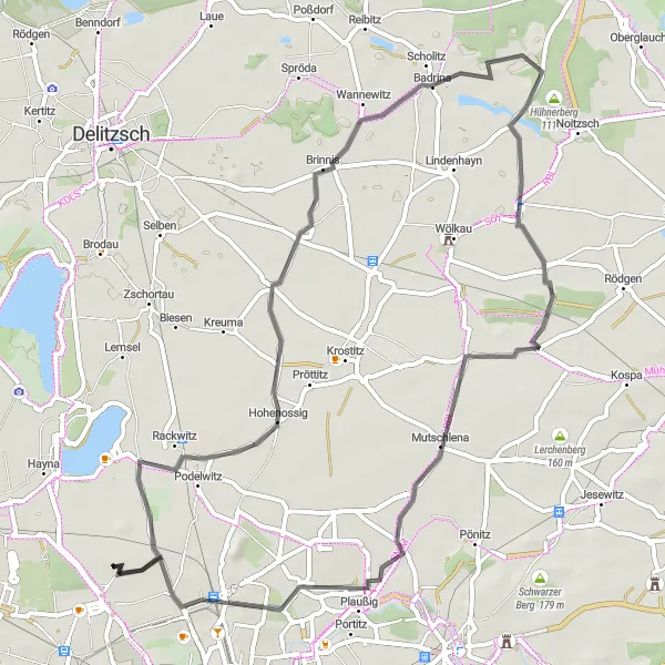 Karten-Miniaturansicht der Radinspiration "Road Bike Tour von Breitenfeld über Zschölkau, Badrina, Hühnerberg, Pressen, Merkwitz, Fuchsberg zurück nach Breitenfeld" in Leipzig, Germany. Erstellt vom Tarmacs.app-Routenplaner für Radtouren