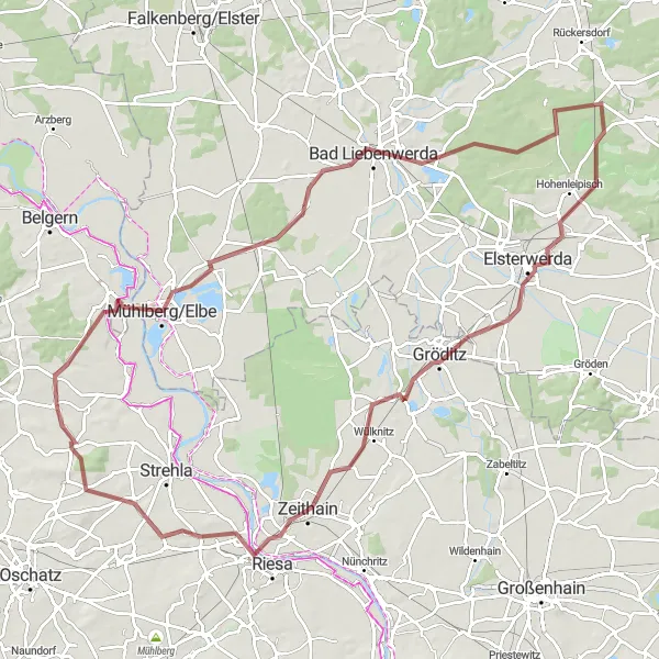 Map miniature of "Gravel Loop to Bad Liebenwerda" cycling inspiration in Leipzig, Germany. Generated by Tarmacs.app cycling route planner