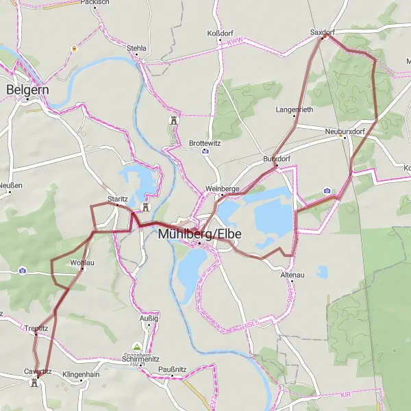 Map miniature of "Wohlau and Mühlberg/Elbe Discoveries" cycling inspiration in Leipzig, Germany. Generated by Tarmacs.app cycling route planner