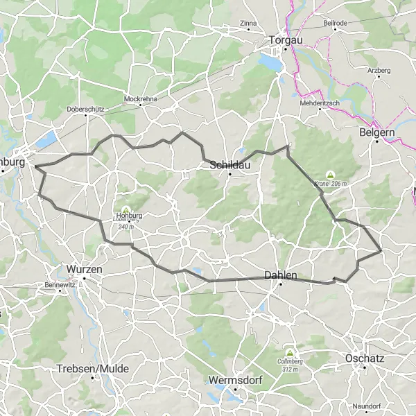 Karten-Miniaturansicht der Radinspiration "Röcknitzer Berge und Schildau Rundtour" in Leipzig, Germany. Erstellt vom Tarmacs.app-Routenplaner für Radtouren