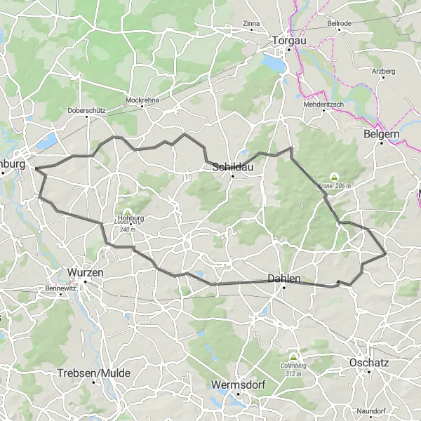 Map miniature of "Scenic Road Ride through Röcknitzer Berge" cycling inspiration in Leipzig, Germany. Generated by Tarmacs.app cycling route planner