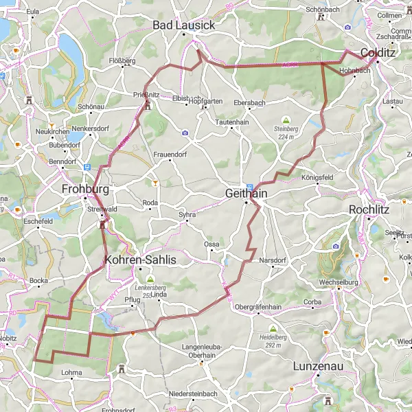 Map miniature of "Colditz Countryside Adventure" cycling inspiration in Leipzig, Germany. Generated by Tarmacs.app cycling route planner