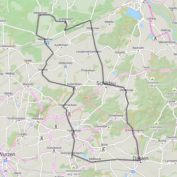 Map miniature of "Dahlen-Gerstenberg Circular Route" cycling inspiration in Leipzig, Germany. Generated by Tarmacs.app cycling route planner