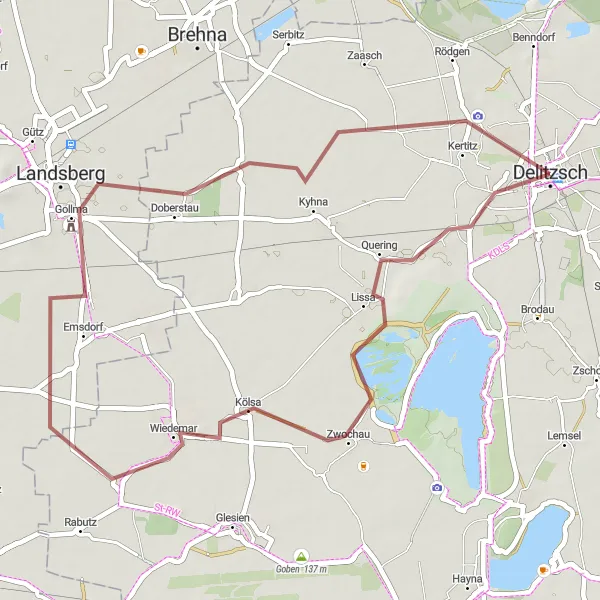 Map miniature of "Zwochau Nature Route" cycling inspiration in Leipzig, Germany. Generated by Tarmacs.app cycling route planner