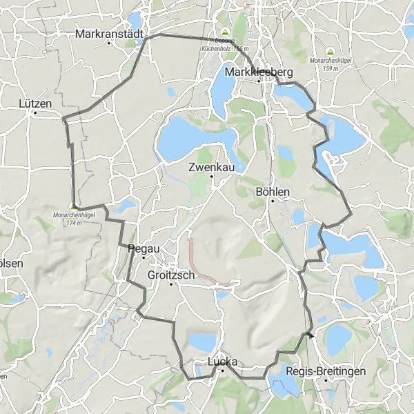 Map miniature of "Exploring the Leipzig Countryside" cycling inspiration in Leipzig, Germany. Generated by Tarmacs.app cycling route planner