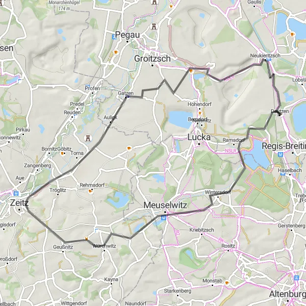 Map miniature of "Deutzen and Neukieritzsch Scenic Road Loop" cycling inspiration in Leipzig, Germany. Generated by Tarmacs.app cycling route planner