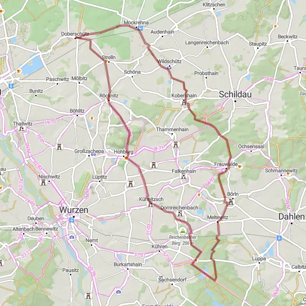 Karten-Miniaturansicht der Radinspiration "Erlebnisreiche Tour nach Kobershain" in Leipzig, Germany. Erstellt vom Tarmacs.app-Routenplaner für Radtouren