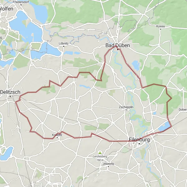 Map miniature of "Wannewitz and Eilenburg Gravel Tour" cycling inspiration in Leipzig, Germany. Generated by Tarmacs.app cycling route planner