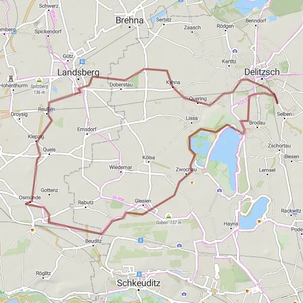 Map miniature of "Zwochau and Werlitzsch Gravel Loop" cycling inspiration in Leipzig, Germany. Generated by Tarmacs.app cycling route planner