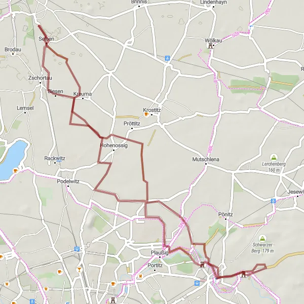 Map miniature of "Exploring Rural Landscapes" cycling inspiration in Leipzig, Germany. Generated by Tarmacs.app cycling route planner