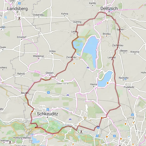 Map miniature of "Scenic Delights" cycling inspiration in Leipzig, Germany. Generated by Tarmacs.app cycling route planner