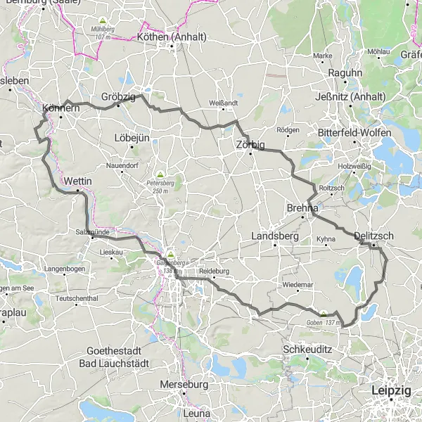 Map miniature of "Road Cycling Route from Leipzig to Döbernitz" cycling inspiration in Leipzig, Germany. Generated by Tarmacs.app cycling route planner