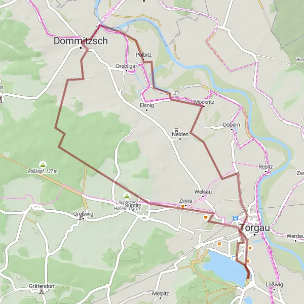 Map miniature of "Dommitzsch - Gravel Adventure" cycling inspiration in Leipzig, Germany. Generated by Tarmacs.app cycling route planner