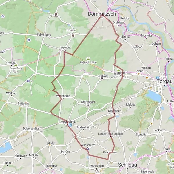 Map miniature of "Wildenhain Gravel Cycling Route" cycling inspiration in Leipzig, Germany. Generated by Tarmacs.app cycling route planner