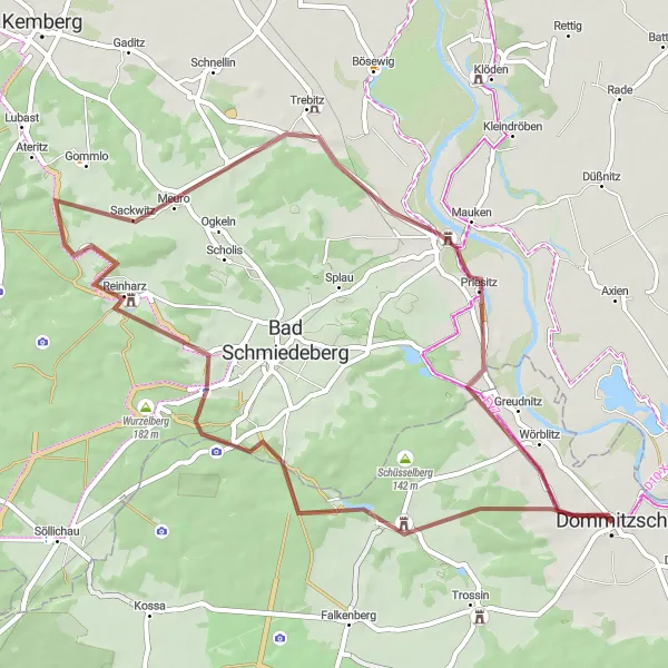 Map miniature of "Dommitzsch - Scenic Gravel Route" cycling inspiration in Leipzig, Germany. Generated by Tarmacs.app cycling route planner