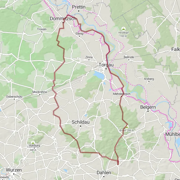 Map miniature of "Dommitzsch - Gravel Challenge" cycling inspiration in Leipzig, Germany. Generated by Tarmacs.app cycling route planner