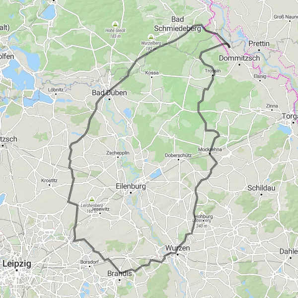 Karten-Miniaturansicht der Radinspiration "Rundfahrt über Proschwitz und Wurzen" in Leipzig, Germany. Erstellt vom Tarmacs.app-Routenplaner für Radtouren