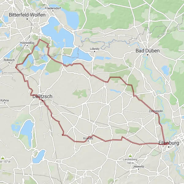 Map miniature of "Scenic Gravel Loop from Eilenburg to Zschepplin" cycling inspiration in Leipzig, Germany. Generated by Tarmacs.app cycling route planner