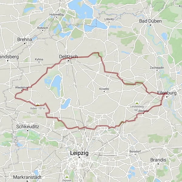 Karten-Miniaturansicht der Radinspiration "Gravelabenteuer im Umland von Eilenburg" in Leipzig, Germany. Erstellt vom Tarmacs.app-Routenplaner für Radtouren