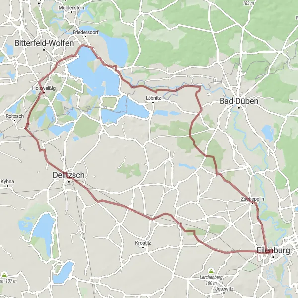 Map miniature of "Gravel Adventure from Eilenburg to Zschepplin" cycling inspiration in Leipzig, Germany. Generated by Tarmacs.app cycling route planner