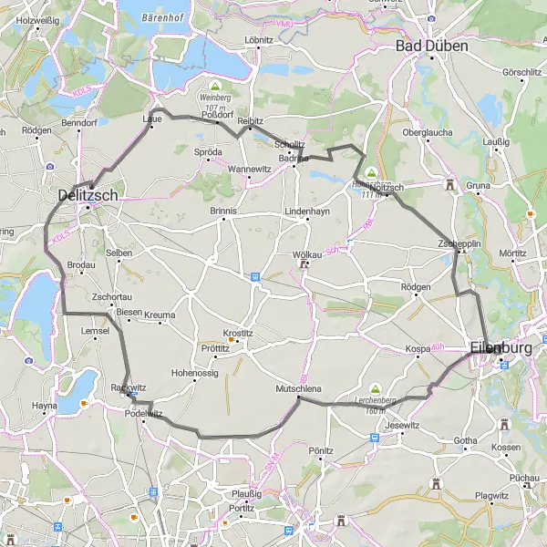 Karten-Miniaturansicht der Radinspiration "Rundtour über Zschortau und Delitzsch" in Leipzig, Germany. Erstellt vom Tarmacs.app-Routenplaner für Radtouren