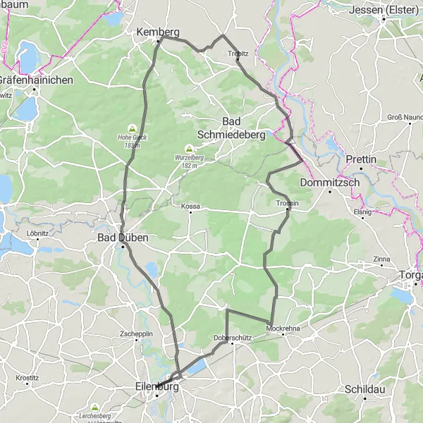 Map miniature of "Road Cycling Exploration near Eilenburg" cycling inspiration in Leipzig, Germany. Generated by Tarmacs.app cycling route planner