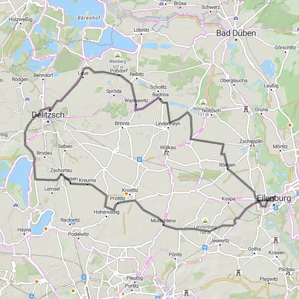 Karten-Miniaturansicht der Radinspiration "Straßentour durch Zschortau und Delitzsch" in Leipzig, Germany. Erstellt vom Tarmacs.app-Routenplaner für Radtouren