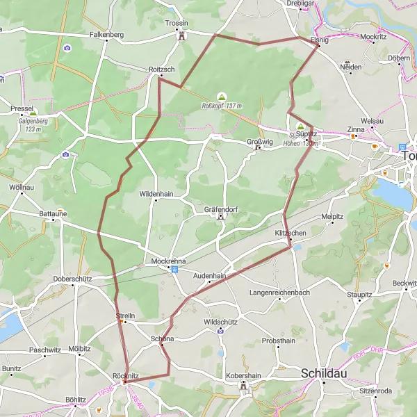 Karten-Miniaturansicht der Radinspiration "Gravel-Tour rund um Elsnig" in Leipzig, Germany. Erstellt vom Tarmacs.app-Routenplaner für Radtouren