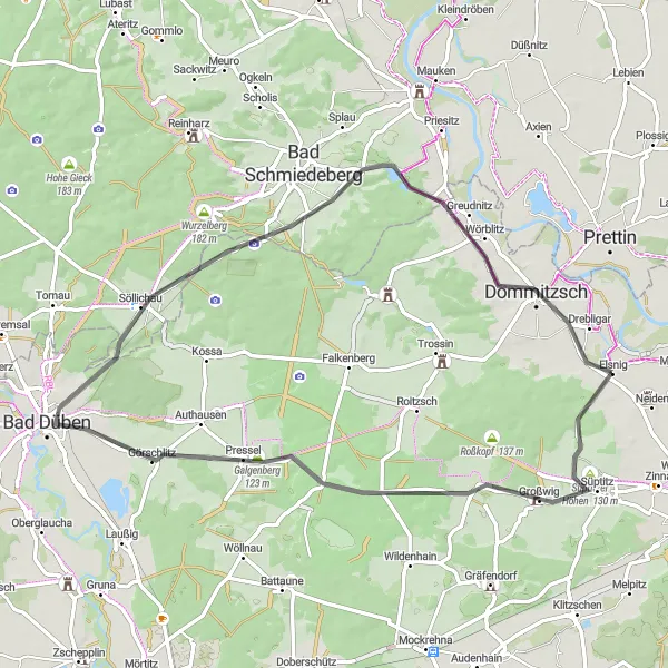 Map miniature of "Vogelberg and Historic Castles Road Route" cycling inspiration in Leipzig, Germany. Generated by Tarmacs.app cycling route planner