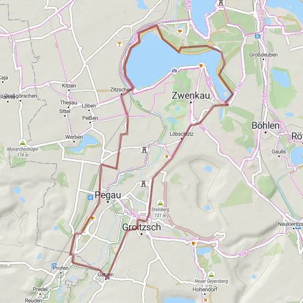 Map miniature of "Gravel roundtrip to Elsterwehr" cycling inspiration in Leipzig, Germany. Generated by Tarmacs.app cycling route planner