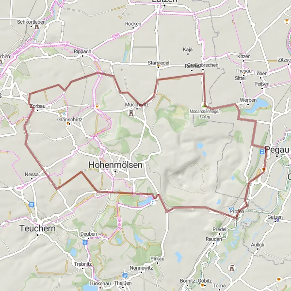 Map miniature of "Gravel roundtrip to Schweinstein" cycling inspiration in Leipzig, Germany. Generated by Tarmacs.app cycling route planner