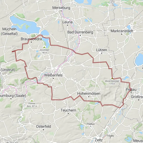 Map miniature of "Gravel roundtrip to Großgörschen" cycling inspiration in Leipzig, Germany. Generated by Tarmacs.app cycling route planner